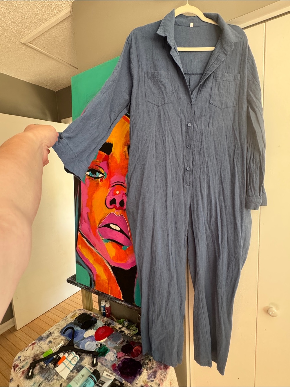 Boho Cotton Gauze Long Sleeve Button Front Jumpsuit 2XL